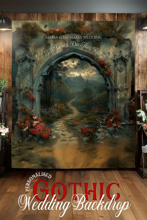 Transform your wedding or event with our customizable Gothic Castle Wedding Backdrop. Featuring Dracula's gothic castle in the distance, bats flying out, and romantic gothic carvings on a grey granite arch, this backdrop sets the scene for a darkly romantic affair. 
#draculas #castle #gothic #photo #halloween #backdrop #arch #weddingphoto #zazzlemade Gothic Castle Wedding, Castle Gothic, Gothic Weddings, Wedding Photo Backdrop, Backdrop Arch, Bats Flying, Photo Halloween, Dracula Castle, Gothic Castle