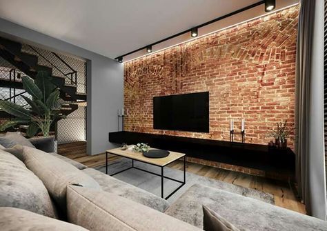 Brickwall Interiors, Brick Tv Wall, Brick Wall Tv, Brick Wall Interior Living Room, Exposed Brick Interior, Bedroom Painting Ideas, Painting Ideas Bedroom, Modern Sofa Design, Furniture Ideas Bedroom