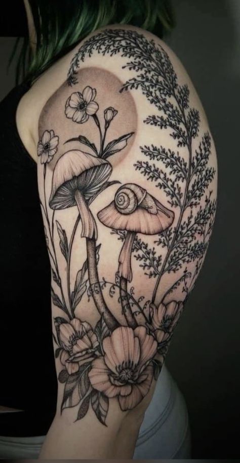 Cottage Core Chest Tattoo, Botanical Skull Tattoo, Naturalistic Tattoos, Dark Botanical Tattoo, Large Leg Tattoos For Women, Cottage Tattoo, Forest Tattoo Sleeve, Earthy Tattoos, Tattoo Coverup