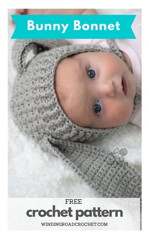 Baby Bonnet Crochet Pattern Free, Bunny Bonnet Pattern, Baby Bonnet Pattern Free, Baby Girl Crochet Hat, Bunny Hat Crochet, Crochet Baby Girl Hat, Baby Bonnet Crochet Pattern, Winding Road Crochet, Baby Bunny Hat