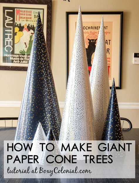 Make a whole forest of giant paper cone Christmas trees this year. Easy and inexpensive holiday craft idea. Complete tutorial at Boxy Colonial Paper Cone Christmas Trees, Trees For Christmas, Diy Paper Christmas Tree, Christmas Cones, Cone Trees, Diy Winter, Holiday Tree Decorations, Cone Christmas Trees, Easy Christmas Decorations