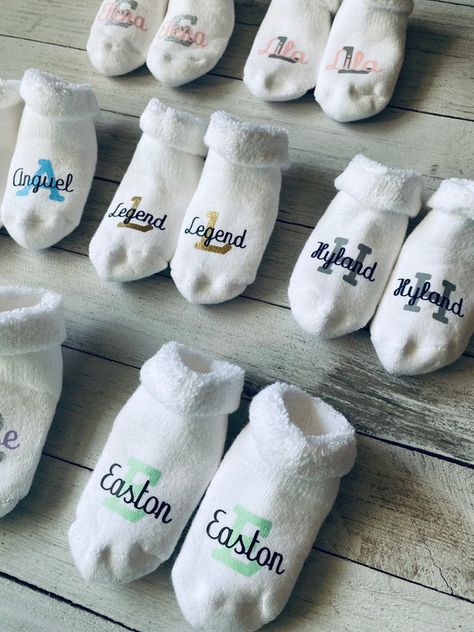 Baby Socks Personalized Baby Socks | Etsy Personalized Baby Stuff, Custom Baby Items, Diy Vinyl Projects, Sublimacion Ideas, Baby Stocking, Idee Cricut, Cricut Baby, Diy Baby Gifts, Baby Box