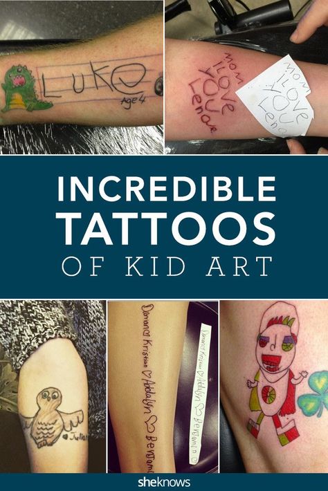 These parents loved their kids' artwork so much they had it inked on their own bodies. From love notes in their handwriting to adorable animals, check out some of the very best tattoos drawn by kids. #Tattoos Mother Tattoos For Children, Handwriting Tattoos, Kid Name Tattoo, Kids Handwriting, Mom Tattoo Designs, Tattoos With Kids Names, Writing Tattoos, 4 Tattoo, Mother Tattoos