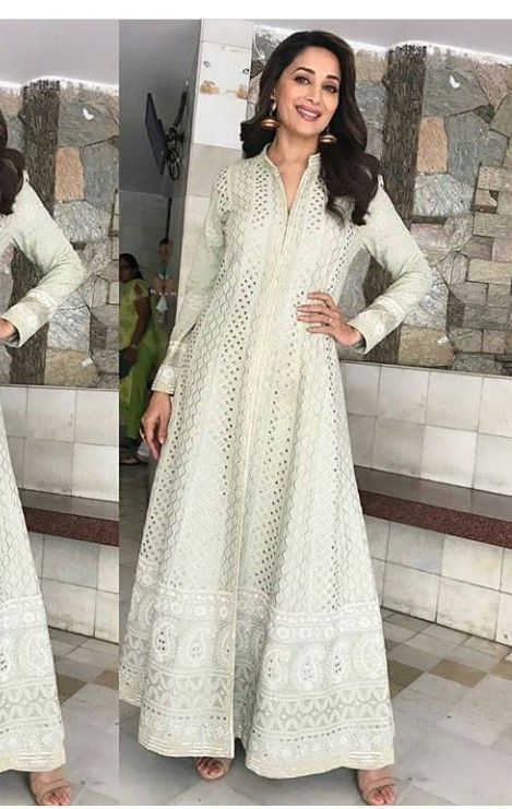 White Chickenkari Anarkali, Long Kali Kurti Designs, Party Anarkali Suits, Kali Anarkali Dress, Lucknowi Anarkali, Chikankari Gown, Sita Mahalakshmi, Lucknowi Suits, Chikankari Dress