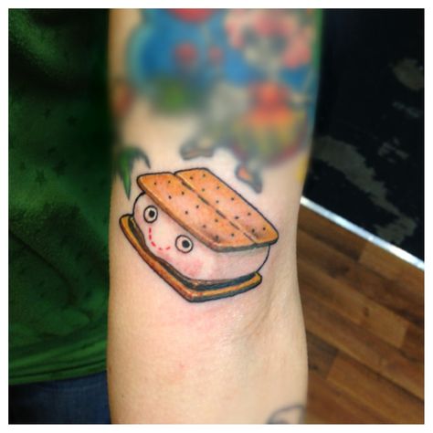 S'mores!! #tattoos by #paulberkey Smores Tattoo, S’more Tattoo, S’mores Tattoo, S’more Halloween Costumes, Spooky Food Tattoo, S’mores Drawing, Silly Mushroom Tattoo, Anniversary Tattoo, Food Tattoos