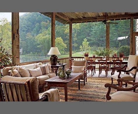 English Country In The Smoky Mountains | Content in a Cottage Sleep Porch, Screen Deck, Glass Porch, Lakehouse Ideas, Screened Porches, House Porch, Sun Rooms, Sunroom Ideas, Devine Design