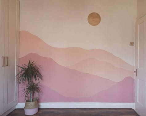 Half Bath Wall Mural, Mural Indoor Painted Walls, Wall Mural Indoor, Aesthetic Mural Bedroom Painting, Diy Bedroom Mural, Indoor Mural Ideas, Simple Paint Designs On Wall, Calming Mural, Unique Painted Walls