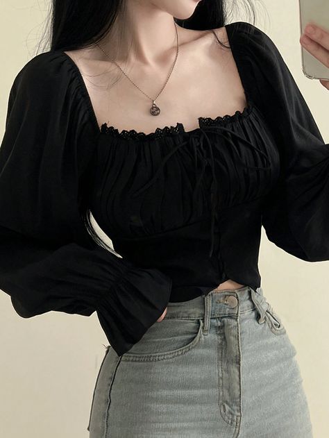 Black Elegant Collar Long Sleeve Woven Fabric Plain Top Embellished Medium Stretch  Women Clothing Elegant Rock Style Women, Cute Black Tops For Women, Styling Long Sleeve Shirts, Outfits With Black Shirt, Petite Aesthetic, Black Shirt Women, Tops For Winter, Simple Black Top, Top Manga Larga