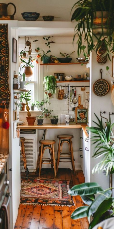 Tiny Kitchen, Big Boho Dreams: 40 Ideas to Make the Most of Your Space in 2024 Tiny Boho Kitchen, Small Kitchen Boho, Dopamine Decor Kitchen, Boho Tiny Home, Boho Small Kitchen, Cozy Kitchen Small, Boho Studio Apartment Ideas, Small Kitchen Aesthetic, Tiny Kitchen Storage Ideas