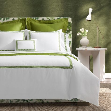 Astor Braid Duvet Cover - Grass Bed & Bath | Schumacher Grass Bed, Matouk Bedding, Indigo Bedding, Duvet Cover Full, Luxury Linens, Gray Duvet Cover, Full Duvet Cover, Beach Bedroom, Green Bedding