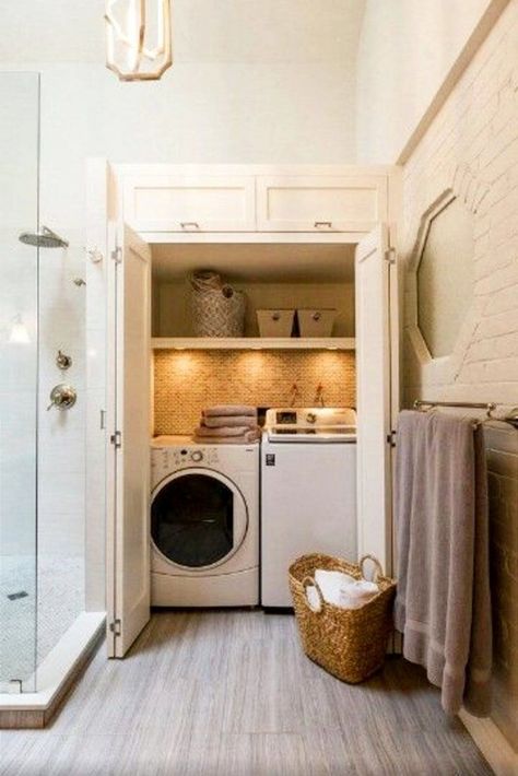 Small Bathroom And Laundry Room Combo, Bathroom Laundry Room Combo, Hidden Laundry Rooms, Laundry Bathroom Combo, Dekorere Bad, Laundry Nook, Hidden Laundry, Stylish Laundry Room, Basement Laundry Room