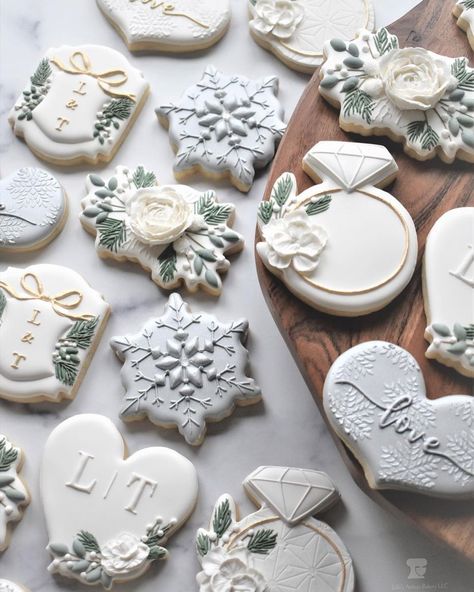 Julie Thomas (@juliesartisanbakery) • Instagram photos and videos Julie Thomas, Pine Boughs, Winter Bridal Showers, Bridal Shower Cookies, Shower Collection, Christmas Cookies Decorated, Floral Spray, Floral Heart, Cute Cookies