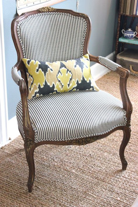 Modern Fabric On Antique Chair, Antique Chairs Reupholstered, Stripe Chair, Louis Xv Chair, Sunshine Sign, Chair Reupholstery, Recovering Chairs, Louis Chairs, Chair Redo