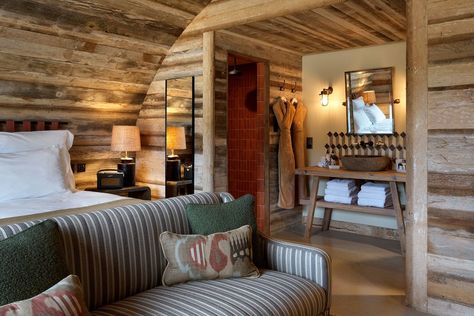 Soho House Farmhouse, Soho Farmhouse Interiors, Emperor Size Bed, Farmhouse Cabin, Soho Farmhouse, Indoor Outdoor Pool, Farm Cottage, Walled Garden, Wooden Cabins