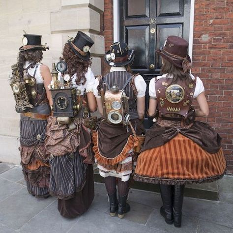 Steampunk Group Costumes Done Right - How to plan, design and create a steampunk group costume for men and women (brown and orange) - For costume tutorials, clothing guide, fashion inspiration photo gallery, calendar of Steampunk events, & more, visit SteampunkFashionGuide.com