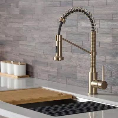 Bolden Single-Handle Pull-Down Sprayer Kitchen Faucet with Dual Function Sprayhead in Brushed Gold Commercial Style Kitchen, Gold Kitchen Faucet, Brushed Nickel Kitchen Faucet, Commercial Kitchen Faucet, Gold Faucet, Renovation Kitchen, Kitchen Faucet With Sprayer, Dauphin Island, Black Kitchen Faucets