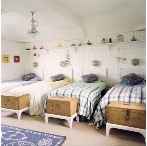 Three Twin Beds In One Room, 2 Bunk Beds In One Room, 3 Twin Beds In One Room, Three Beds In One Room Kids, 4 Beds In One Room Ideas, Twins Bedroom, Grandkids Room, Kids Shared Bedroom, Beachy Bedroom