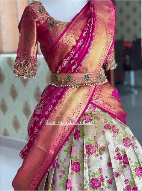 Buy Half Silk Saree Lahenga Choli Grey Kanjiveram Silk Lahenga Online in India - Etsy Langa Voni Half Saree, Half Silk Saree, Silk Half Saree, Onam Outfits, Silk Lehenga Choli, Choli Dress, Half Saree Lehenga, Indian Bride Outfits, Designer Sarees Collection