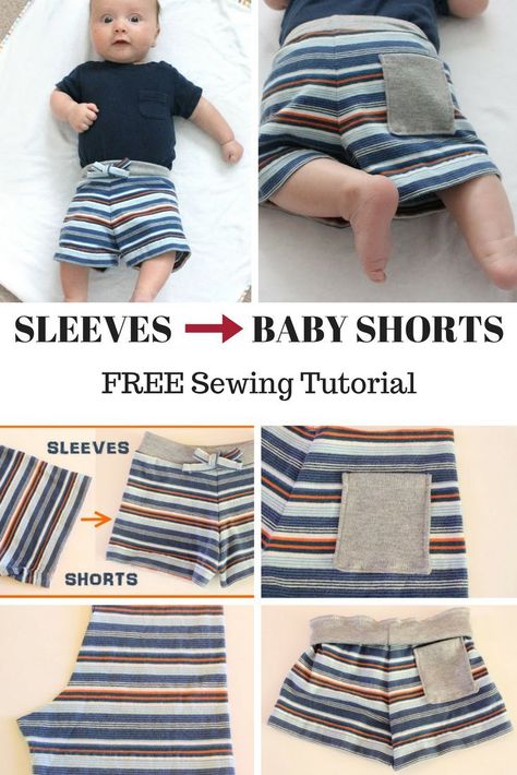 Making adorable baby shorts out of old tee shirts (the sleeves!). Don't throw out that cotton tee! Repurpose it into soft baby shorts. #sewing #sewingtutorial #freesewingtutorial #babysewingprojects Old Tee Shirts, Sewing Tutorials Free, Baby Sewing Projects, Beginner Sewing Projects Easy, Baby Sewing Patterns, Leftover Fabric, Baby Shorts, Sewing Projects For Beginners, Love Sewing