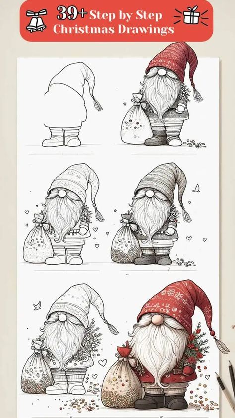 38+ Easy and Fun Step-by-Step Christmas Drawing Ideas Christmas Elf Drawing Sketches, Watercolor Christmas Gnome Tutorial, How To Paint Santa Face Step By Step, How To Draw A Christmas Gnome, Gnome Drawing Ideas, Christmas Gnome Drawing Easy, Colored Pencil Christmas Art, Step By Step Christmas Drawings, How To Draw A Gnome