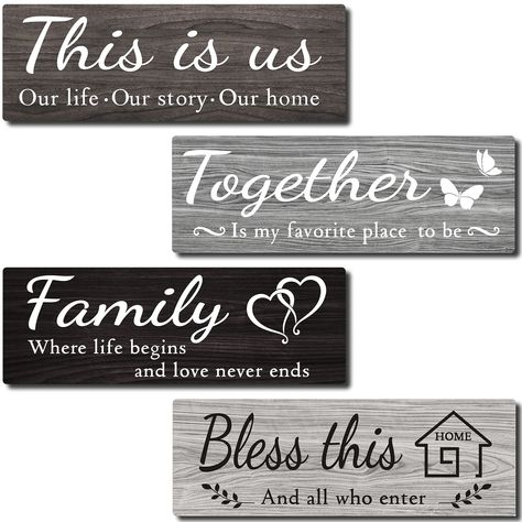 PRICES MAY VARY. BRING LIFE TO YOUR WALLS: Our wood wall signs will warm any wall of your house and make your family room feel welcoming and cozy. These warm quotes about family and making memories also look great on wood wall art. A warm saying on each art decoration for living room [This is us, our life, our story, our home]; [Together, is my favorite place to be]; [Bless this home, and all who enter]; [family, where life begins and love never ends]. HIGH QUALITY FINISHES&PREMIUM LONGEVITY: ID Wall Decor Signs, Wooden Living Room, Kitchen Farmhouse Decor, Entryway Signs, Family Wall Decor, Family Wall Art, Family Decor, Decor Signs, Family Wall