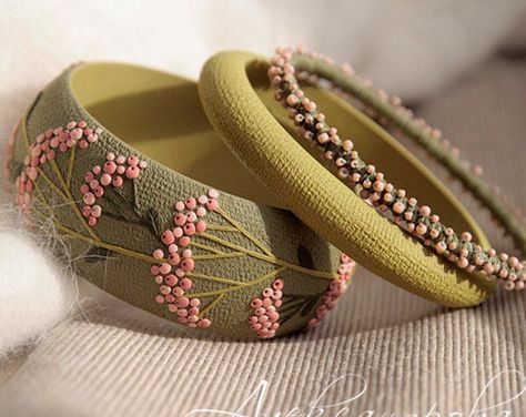 Green Bangles, Branch Bracelet, Fabric Bangles, Pink Berries, Silk Thread Bangles Design, Silk Bangles, Polymer Clay Embroidery, Thread Bangles Design, Bangles Diy