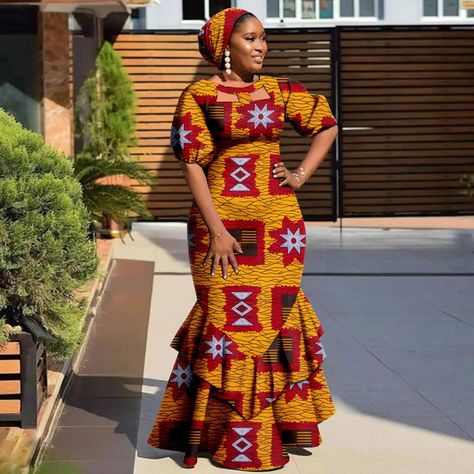 62.83US $ 30% OFF|African Dresses For Women Dashiki Ankara Print Slim Ruffles Long Maxi With Headwrap Bazin Riche Elegant Party Gown Y2225020 - Africa Clothing - AliExpress Long African Dresses Ankara, Free Ankara Gown Styles, Long African Dresses For Women, Simple African Dresses, Ankara Long Gown Styles For Ladies, Brocade Styles, African Print Long Dress, Gown Dress Party Wear, Ankara Long Gown