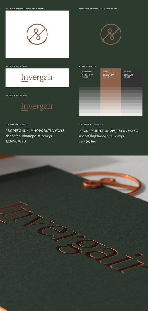 Brand identity for Invergair - luxury property development and letting specialists. Solution includes copper / racing green palette and a sharp serif logotype. #racinggreen #foilblock #brand Luxury Palette Branding, Luxury Colors Branding, Property Brand Identity, Luxury Property Branding, Luxury Green Palette, Luxury Color Palette Branding Green, Property Branding Design, Property Development Branding, Bold Luxury Branding