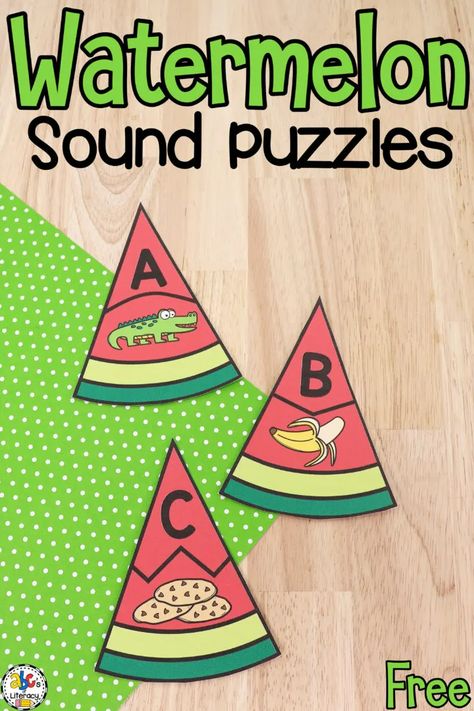 Free printable Watermelon Beginning Sound Puzzles for preschool and kindergarten: Phonics activity | Initial sounds resource Teaching Letter Sounds Preschool, Alphabet Flash Cards Printable Free, Watermelon Activities For Preschool, Summer Theme Preschool Activities, Watermelon Alphabet, Watermelon Activities, Watermelon Lettering, Letter Sounds Preschool, Community Helpers Preschool Activities