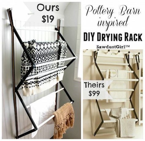 Diy Drying Rack, Wall Drying Rack, Tiny Laundry, Hanging Drying Rack, Sawdust Girl, Pallet Tv Stands, Organization Bathroom, Drying Racks, Pottery Barn Inspired