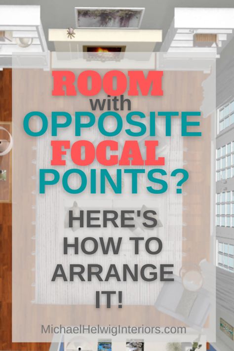 Opposite focal points are not ideal, but sometimes can’t be avoided. There must be a gravitational pull towards something in a room with opposite focal points or you’ll end up an unfocused room. 2 Focal Points In Living Room, Narrow Family Room Layout, Couch In The Middle Of The Room, Living And Dining Room Combo, Focal Point Living Room, Narrow Family Room, Combined Living And Dining Room, Awkward Living Room Layout, Large Living Room Layout