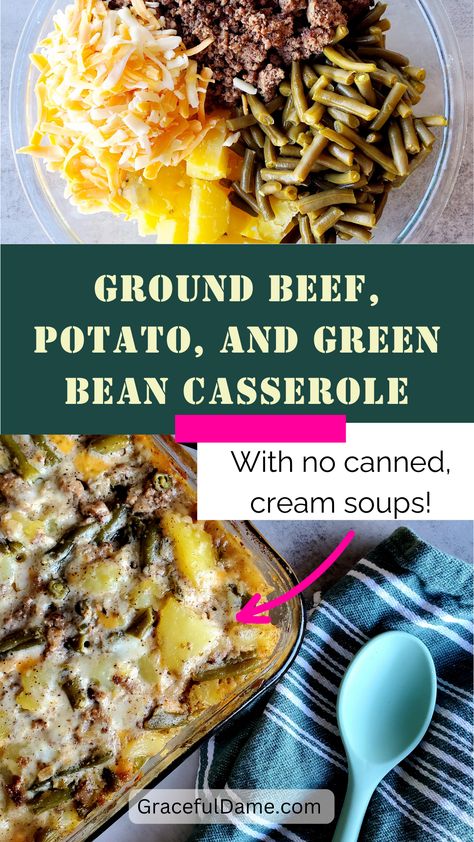 This ground beef, potato, and green bean casserole is full of the savory, comforting flavors we all love but without any store-bought canned cream soups! That's right! You can cozy up to a big, satisfying one-pan dinner knowing exactly what you put in it. Bonus: It's Gluten Free without trying to be. Potato And Green Bean Casserole, Pregnancy Dinner Recipes, Potato And Green Bean, Hamburger And Potatoes, Cream Soups, Can Cozy, Ground Beef And Potatoes, Green Beans And Potatoes, Beef And Potatoes