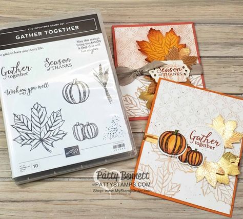 Stampin\' Up! Fall Card idea featuring Gather Together Bundle and Stylish Scroll Embossing folder and Copper Delicata Metallic ink, by Patty Bennett www.PattyStamps.com Fall Greeting Cards, Free Stamps, 3d Quilling, Gather Together, Online Class, Thanksgiving Cards, Stamping Up Cards, Ink Stamps, Fall Cards