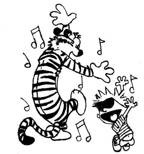 Calvin and Hobbes dancing Calvin And Hobbes Tattoo, Best Calvin And Hobbes, Calvin Und Hobbes, Calvin And Hobbes Quotes, Calvin And Hobbes Comics, Sick Boy, Leather Patterns, Black And White Comics, Calvin Hobbes