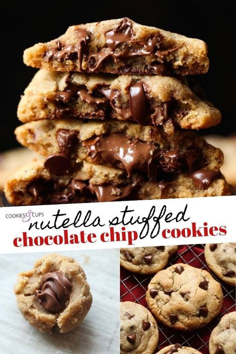 These Nutella Stuffed Chocolate Chip Cookies are SO Delicious! They are a brown butter chocolate chip cookie recipe with a thick, gooey layer of Nutella baked right in. A MUST MAKE! #cookiesandcups #nutella #cookies #chocolatechipcookies #stuffedcookies #nutellacookies #cookierecipe Nutella Filled Cookies Recipe, Cookies With Nutella, Chunky Cookies, Nutella Cookies Recipe, Nutella Chocolate Chip Cookies, Stuffed Chocolate Chip Cookies, Nutella Cookie, Best Oatmeal Cookies, Biscuits Diététiques