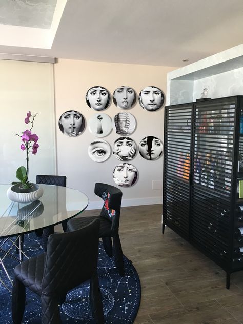 Dining Room Fornasetti plate arrangement Fornasetti Plates On Wall, Fornasetti Plates, Plate Wall Decor, Plate Wall, Bohemian Interior, Small Studio, Apartment Ideas, Plates On Wall, Exterior Design