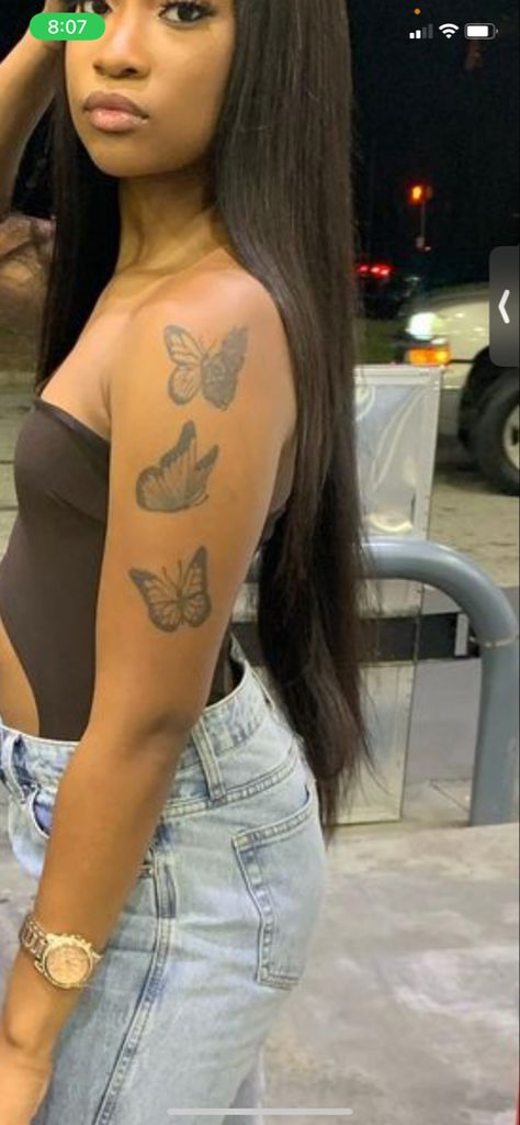 Black Women Upper Arm Tattoos, Side Arm Tattoos For Women Butterfly, Tattoo Ideas On Upper Arm, Collarbone Tattoos Black Women, 444 Shoulder Tattoo, Butterfly Tattoo Arm Sleeve For Women, Arm Butterflies Tattoo, Butterfly Shoulder Tattoo Black Women, Butterflies On Shoulder Tattoo