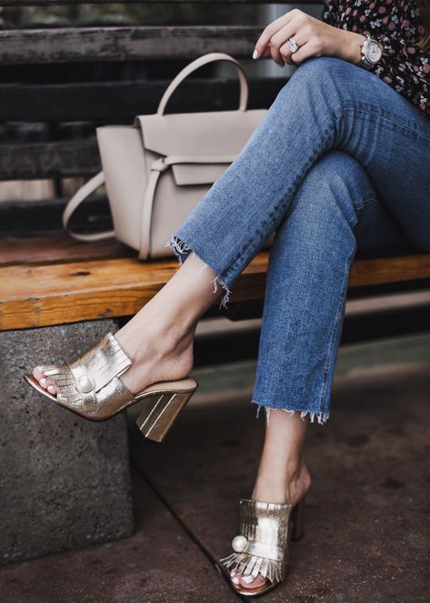 Gold Block Heel Mules and Cropped Denim #spring #shoes #styleblogger #TTD Gold Mules Outfit, Block Heel Mules Outfit, Heel Mules Outfit, Gold Shoes Outfit, Block Heels Outfit, Mule Shoes Outfit, Mules Outfit, Gold Block Heels, Casual Shoes Outfit