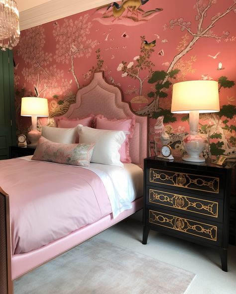 Create a soothing and inviting bedroom with pink hues. 🏡 Check out our pink bedroom ideas for a cozy, elegant retreat. 🌺 #HomeDecor #PinkDesign #moodyromanticbedroom #preppybedroomaesthetic #pinkbedroom Dreamy Bedroom Aesthetic, Persian Bedroom Aesthetic, Pink Velvet Bedroom Ideas, Pink Adult Bedroom, Pink Green Bedrooms, Pagoda Fabric, Pink Bedroom Design, Inviting Bedroom, Pink Bedroom Ideas