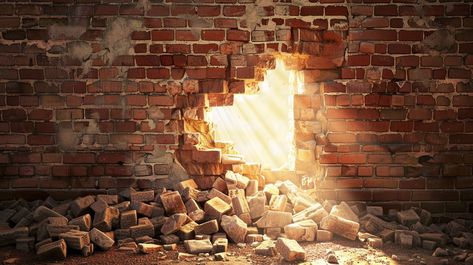 "Broken Wall Sunrise: The #golden sunrise #breaks through a #hole in the #crumbling brick wall, #signaling #newbeginnings. #aiart #aiphoto #stockcake ⬇️ Download and 📝 Prompt 👉 https://stockcake.com/i/broken-wall-sunrise_676912_998362". Crumbling Wall, Sunrise Images, Broken Wall, Brick Wall Texture, Golden Sunrise, Break Wall, Red Brick Wall, Money Flowers, Solo Photo