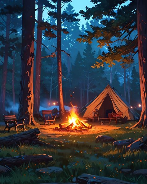 Camping Digital Art, Campfire Graphic Design, Nature Painting Inspiration, Winter Camping Aesthetic, Campfire Landscape, Cartoon Campfire, Camping Template, Campfire Wallpaper, Campfire Background