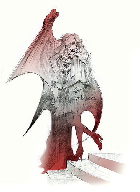 A scanned grayscale and red pencil sketch. A couple kiss — the man wears some sort of a bat-wing-shaped cape, and the woman wears a blazer, skirt, and high-heels. Dracula And Lisa, Lisa Tepes, Dracula Castlevania, Castlevania 3, Castlevania Dracula, Dracula Art, Vampire Kiss, Vampire Hunter D, New Drawing