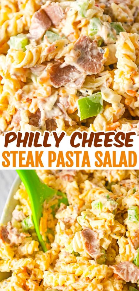 Philly Cheese Steak Pasta Salad is a tasty cold side dish recipe loaded with diced green peppers, onions, roast beef, mayo, shredded cheese and steak spice. Roast Beef Pasta Salad, Steak Pasta Salad Recipes, Philly Cheese Steak Pasta, Cheese Steak Pasta, Steak Pasta Salad, Cold Dinners, Bacon Pasta Salad, Baked Orange Chicken, Bacon Ranch Pasta Salad