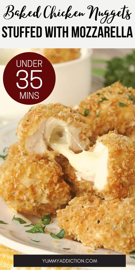 Baked Chicken Nuggets Stuffed With Mozzarella Mozzarella Chicken Poppers, Stuffed Baked Chicken, Holiday Snacks Appetizers, Baked Parmesan Chicken, Baked Chicken Meatballs, Chicken Poppers, Fast Easy Dinner, Baked Chicken Nuggets, American Foods