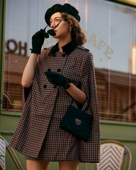 The Double-breasted Plaid Cape Coat Plaid Cape Coat, Mantel Cape, Plaid Capes, Tailored Clothes, Retro Clothing, Cape Coat, Women's Jackets, Coat Outfits, Brown Plaid