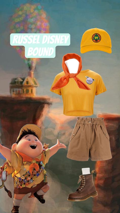 russel from up disney bound! #up #disneybound #disneybounding #disneystyle #disneyoutfit #russel #pixar #pixarup Russell Disneybound, Disney Bounding Toy Story, Pixar Inspired Outfits, Pixar Outfit Ideas, Animal Kingdom Disneybound, Up Disneybound, Pixar Disneybound, Pixar Outfits, Disfraz Up