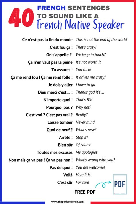 New blog post! 
40 French sentences to sound like a native French speaker. Take the time to listen to the audio and to look at the examples. 
And don't forget your free PDF to keep and review 📄🤩 French Study, French Language Basics, French Sentences, Speaking French, Useful French Phrases, French Conversation, French Flashcards, Native Speaker, Basic French Words