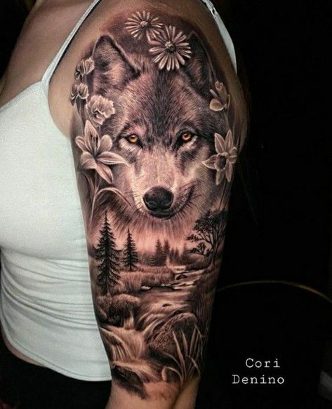 Wolf Scene Tattoo, Wolf Shoulder Tattoos For Women, Wolf And Pup Tattoo For Women, Wolf Tattoo For Women Half Sleeves, Wolve Tattoo Woman, Half Wolf Half Woman Tattoo, Wolf Back Tattoo Women, Wolf Sleeve Tattoo Women, Wolf Mom And Pup Tattoo