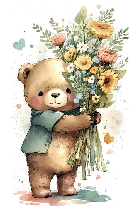 Grafika Vintage, Bear Watercolor, صفحات التلوين, Cute Paintings, Bunny Art, Baby Art, Floral Gifts, Cute Images, Cute Bears