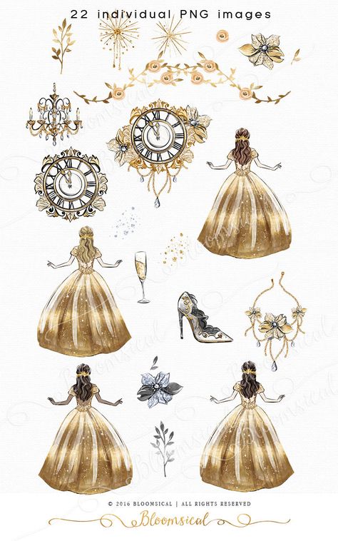 New Year's Eve Clip Art Fashion Illustration Glam Girl Gold Ball Dresses, Flower Crown Drawing, Art Fashion Illustration, Crown Drawing, Flowers Fashion, Fashion Illustration Vintage, Trendy Flowers, Glam Girl, Fashion Art Illustration